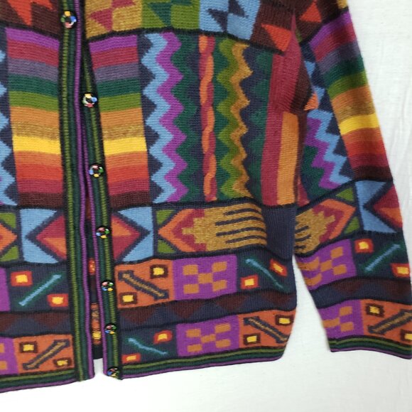 Silver Llama 100% Alpaca Cardigan Sweater Colorful Ethnic Colorblock sz XL Peru - Picture 4 of 11
